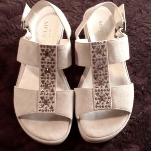 Sesto Meucci Double-Band Stretch Slingback Wedge Sandals 5 Cream NWOT